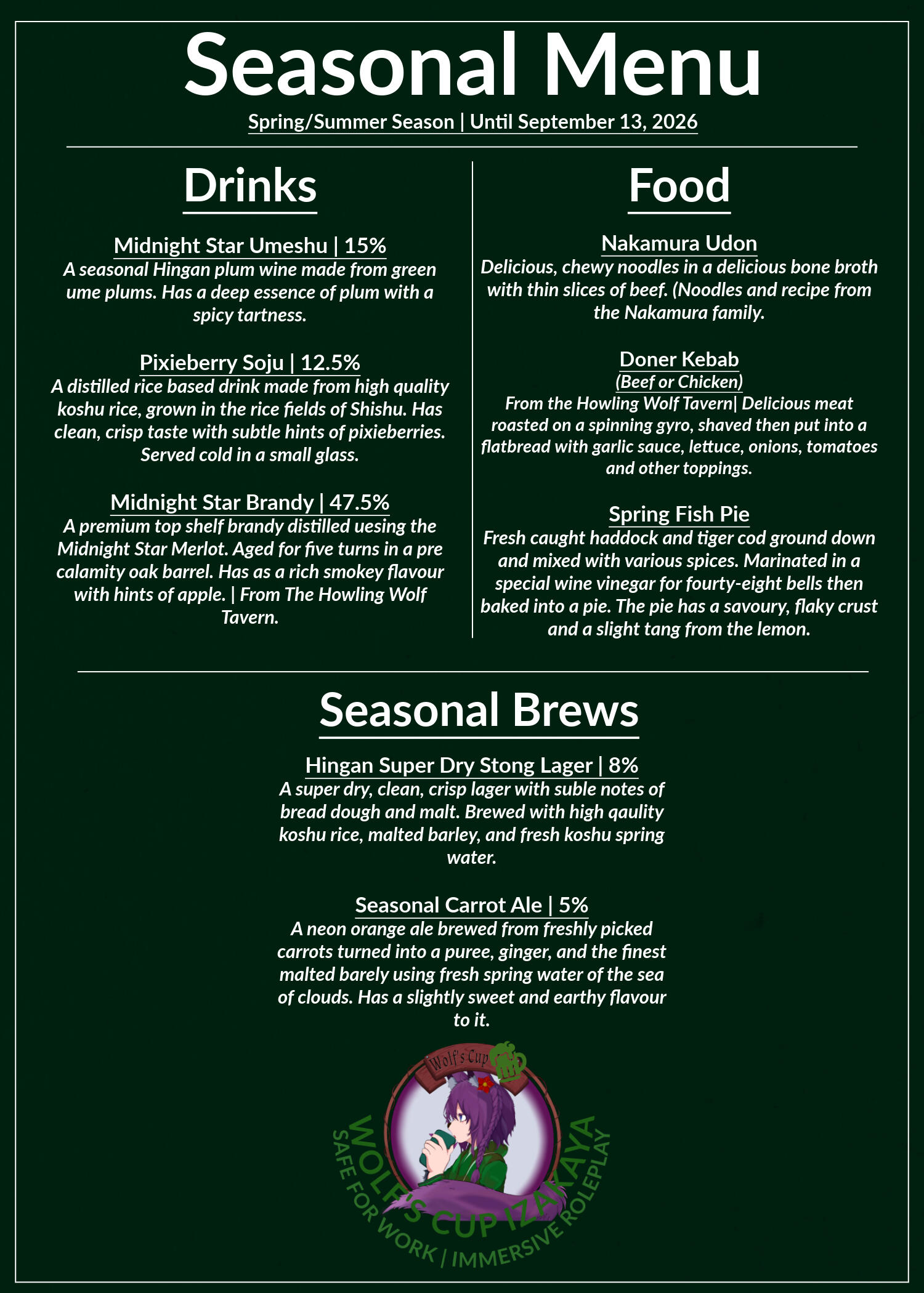 Seasonal Menu