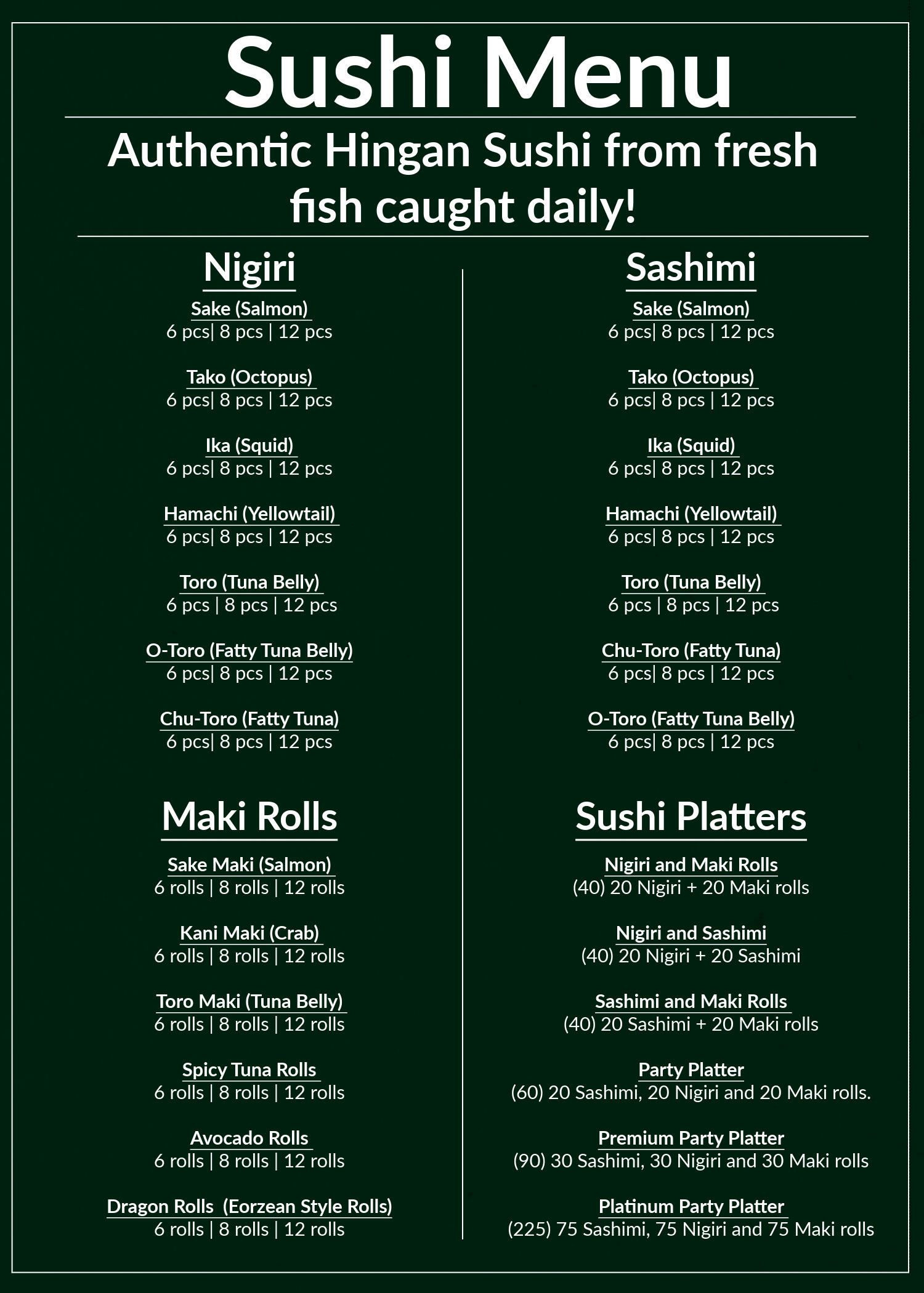 Sushi Menu